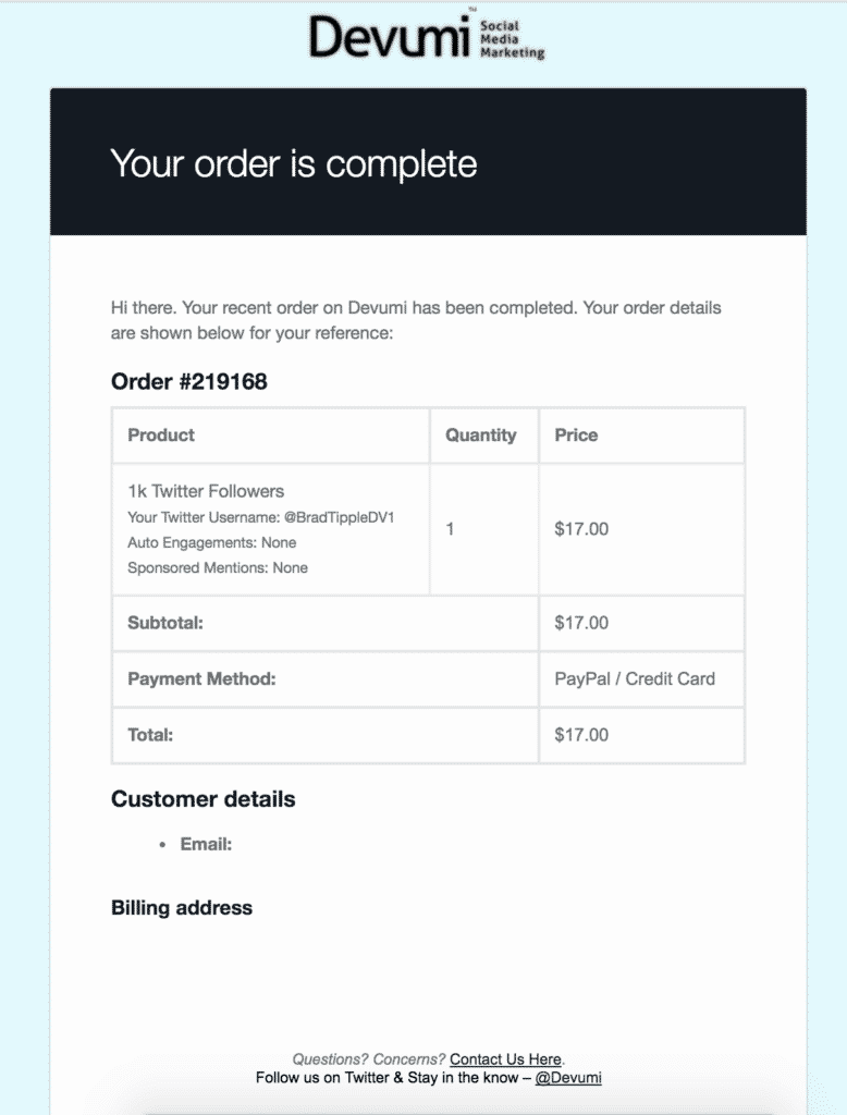 Devumi email order complete